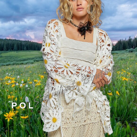POL Sunny Yellow Daisies Open Knit Crochet Lace Cardigan Sweater Jacket Top - Picture 1 of 12